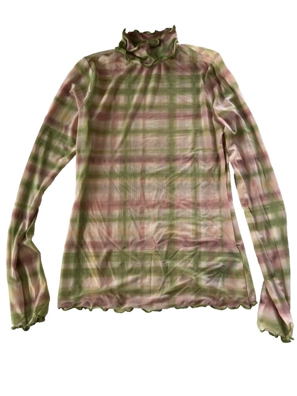 Pilcro Green and Pink Plaid Sheer Mock Neck Top - Picture 3 of 10